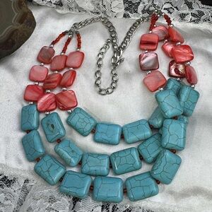 MULTI STRAND BLUE GEMSTONE AND RED SHELL NECKLACE